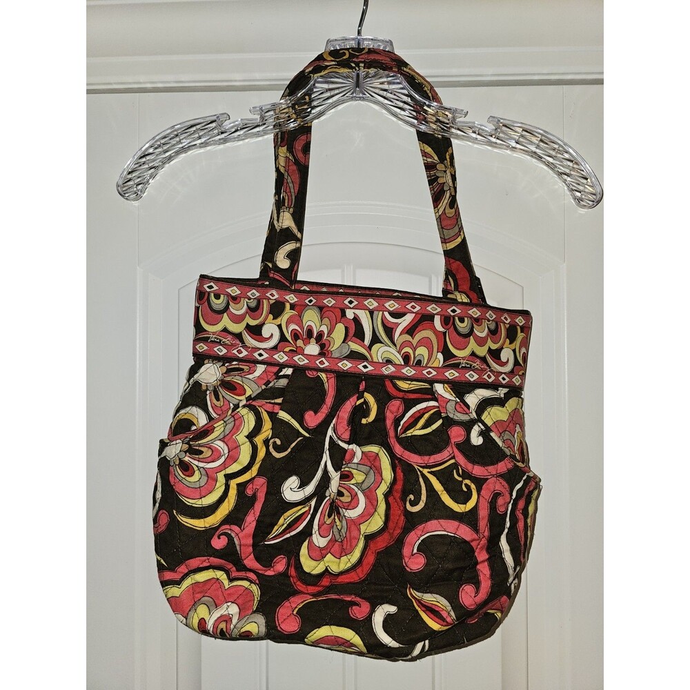 ​Vera Bradley Mod Floral Pink Quilted Shoulder Bag Tote Purse Brown 2007